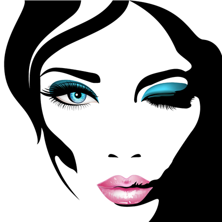 Womans face. Vector illustration. Realistic pink lips ann blue eyes with chic eyelashesのイラスト素材