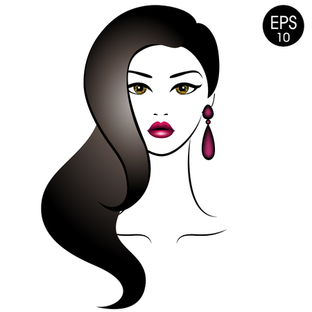 Vector Stock Woman with black hair. Beauty Girl Portrait with classic Hairstyle and Earringsのイラスト素材