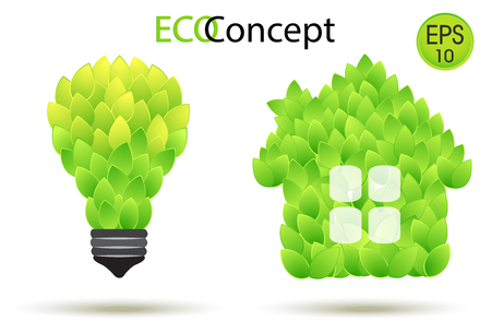 Vector eco lamp and Green House. Lightbulb and house illustration from green leaves. Eco conceptのイラスト素材
