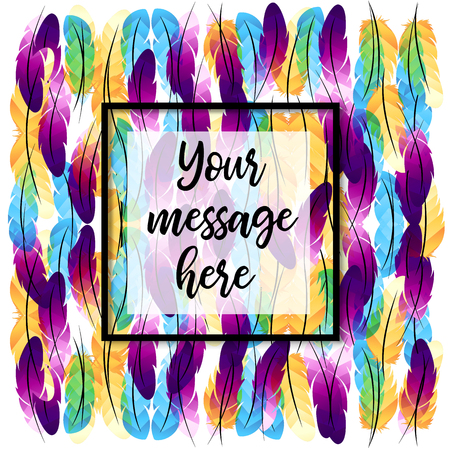 Colorful feathers background with black frame.のイラスト素材