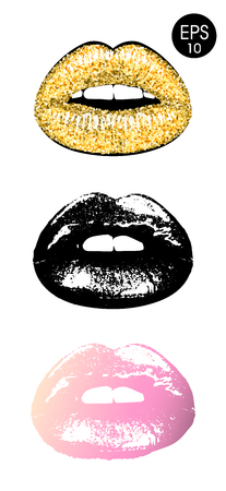 Lips set. Vector Woman's Golden lips. Black lips silhouette. Pink lips illustration for your designのイラスト素材