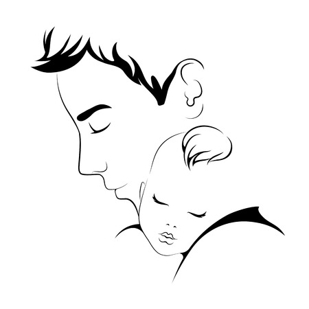 Daddy and baby. Fathers Love Vector illustration. Baby sleeps on fathers shoulderのイラスト素材