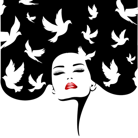 Woman silhouette with birds. Vector fashion illustration.のイラスト素材