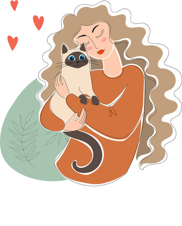 Loving domestic pets and cat person concept. Smiling red haired girl standing and leaning on loving cat kitty with her head feeling in love vector illustrationのイラスト素材
