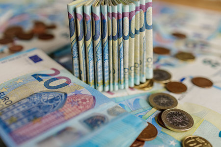 Euro money, banknotes and coins background, currency of European Union (EUR)