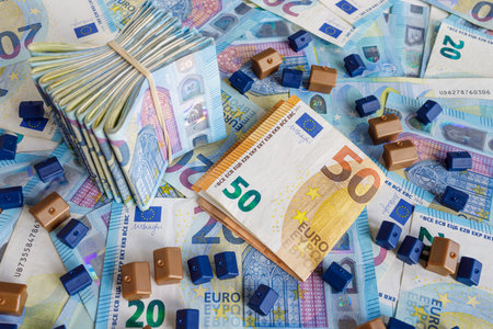 House model on background of European twenty and fifty euro bills banknotes surrounded by coins. Property concept, house mortgage, home loan, real estate investment.の写真素材