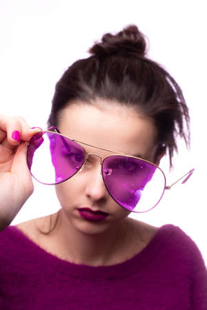 attractive woman, purple color, white background, portraitの写真素材