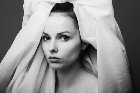 elegant woman veil, bride, black and white shot