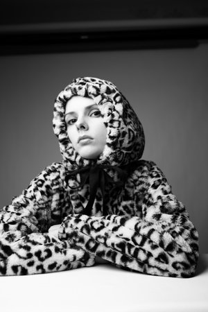 woman in a sweatshirt with a hood, black and white art portrait