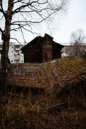 Arhangelsk, Russia - November 18 2020: wooden dwelling houseのeditorial素材