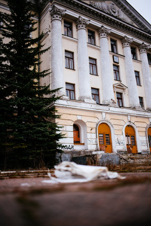 Arhangelsk, Russia - November 18 2020: an abandoned university building made in a classical architectural styleのeditorial素材