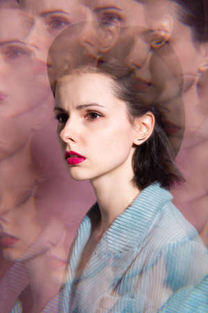 art portrait, woman with pink lipstick in black hat and corduroy jacket. high quality photoの写真素材