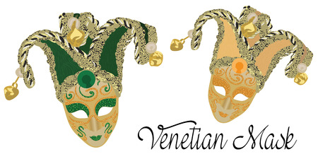 Venetian masks vector. Venetian masks in green and golden color. Carnival in Venice.のイラスト素材