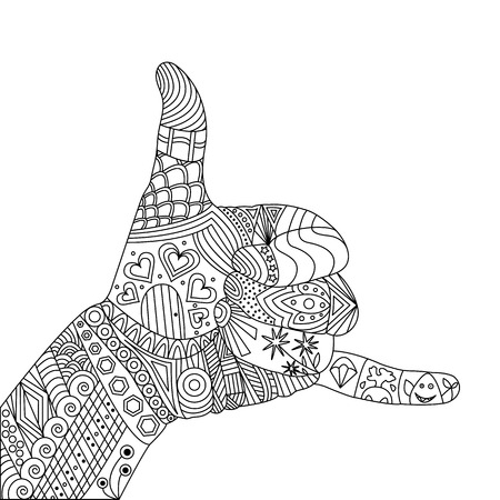 A Vector Zen Tangle Palm. A Gesture Shaka. Zen Tangle Hand Shakaのイラスト素材