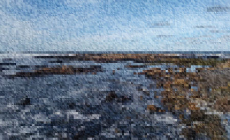 Vector Illustration of Sea and Coast in Low Poly Style. Abstract Geometric Background of Triangles. Blue and Brown Vector Textured Polygonal Backgroundのイラスト素材