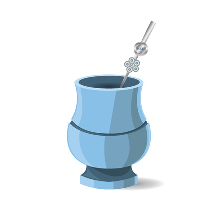 Vector Illustration of Argentinian National Drink Mate. Hot Beverage. Drawing of Calabash with Bombilia in Blue and Grey Colorsのイラスト素材