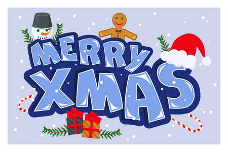 Vector Illustration of Merry Christmas. Postcard with Lettering and Traditional Details. Typography for Winter Holidaysのイラスト素材