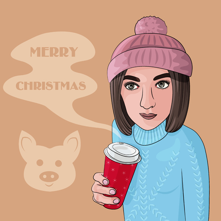 Vector Illustration of a Girl in Winter Hat with Coffee. Drawing of Merry Christmas. Usable as Banner, Greeting Card, Gift and etcのイラスト素材