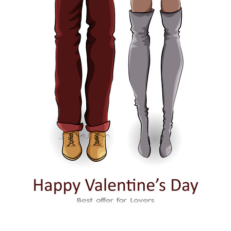 Vector Illustration of Valentine's Day Sale. Banner Discount of Best Offer for Lovers or Couple. Fashion Drawing with Legs and Shoes of Coupleのイラスト素材