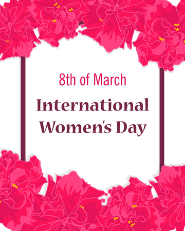Happy International Women's Day Greeting Card with Pink Flowers and Purple Frame. Womens Day Calligraphy Design in Pink Colors. Template for a Poster, Flyer, Banner on Marchのイラスト素材