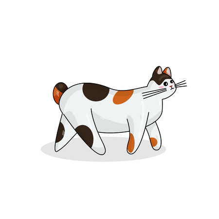 Vector Character of Japanese Bobtail Cat in Kawaii Style. Cute Cartoon Kitty Character. Funny Kitten isolated on White Background. Sticker of Kawaii Animal, Pet. Flat design. Usable for Childrens Bookのイラスト素材