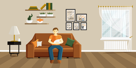 Vector Flat Illustration of Change of Gender Roles. Drawing of Man on Maternity Leave. Father Holds Baby and Sits on Sofa. Phrase in Spanish in Illustration means that family is everythingのイラスト素材