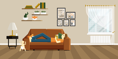 Vector Flat Illustration of Change of Gender Roles. Man on Maternity Leave. Father Reads a Book on Sofa and Baby Walks. Phrase in Spanish in Illustration means that family is everythingのイラスト素材
