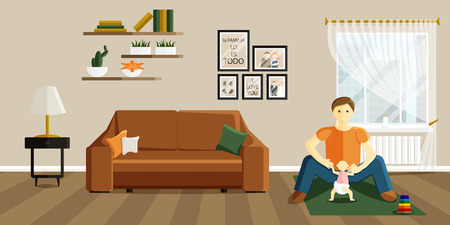 Vector Flat Illustration of Change of Gender Roles. Man on Maternity Leave. Father is Playing with his Baby. Phrase in Spanish in Illustration means that family is everythingのイラスト素材