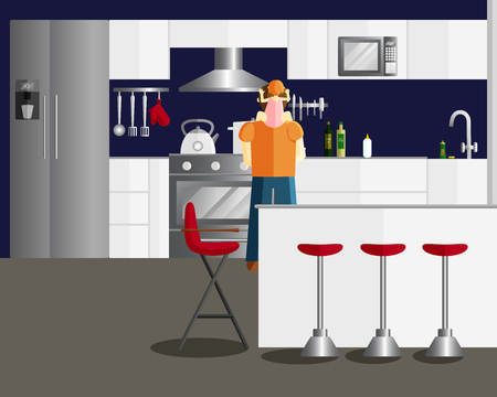 Vector Flat Illustration of Father is Cooking Something in Oven and Daughter is Sitting on his Neck. Modern Kitchen Interior Design. Interior of a Cozy Kitchen with Furniture and Appliancesのイラスト素材