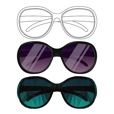 Vector Set of Sunglasses in Different Style. Drawing of Eyeglasses in Line Art Style. Black Outline Drawing of Glasses isolated on White Background. Colorful and Realistic Concept of Summer Objectのイラスト素材