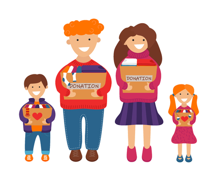Vector Illustration of Family of Volunteers are Holding Donation Boxes. Concept of Clothes Donation. Social Care and Charity Conceptのイラスト素材