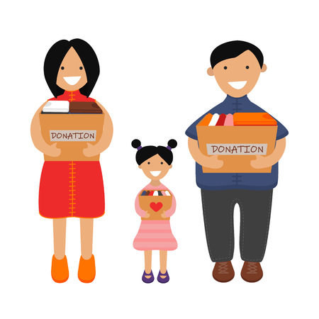 Vector Illustration of Asian Family of Volunteers are Holding Donation Boxes. Concept of Clothes Donation. Social Care and Charity Conceptのイラスト素材