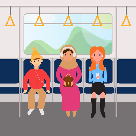 Vector Illustration of Online Training, Podcast Concept. People are in Metro Train Going to Work or Study, Listening Podcast. Pod Cast Concept. Education and Internet Technologyのイラスト素材