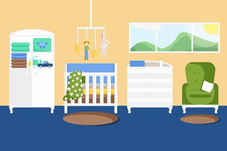 Vector Illustration of Baby Boy's Room with Furniture in Flat Style. Nursery Stylish Interior. Children's Bedroom with a Window, Cabinet, Handing Toys, Armchair, Rug and Baby Changing Tableのイラスト素材
