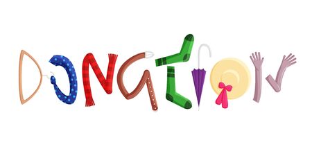 Vector Illustration of Donation Clothes in Flat Style. Word Concept. Word Donation Consists of Colorful Letters in the Form of Different Items of Clothing. Lettering of Accessoriesのイラスト素材