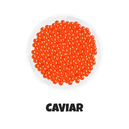 Vector Realistic Illustration of Plate with Caviar. Red Caviar in White Bowl isolated on White Background. Concept Design of Appetizer Seafood, Luxury Delicacy, Russian Caviar in Cartoon Flat Styleのイラスト素材