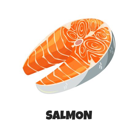 Vector Realistic Illustration of Raw Steak of Fish Salmon. Fillet of Fish Humpback Salmon or Trout in Catroon Style isolated on White Background.  Fresh Uncooked Ingredient of Carnivore Dietのイラスト素材