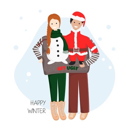 Vector Illustration of Couple in One Ugly Sweater Together for Christmas and New Year Party.  Template for Greeting Card, Poster, Banner, Invitation. Traditional Ugly Sweater Party in Winter Holidaysのイラスト素材