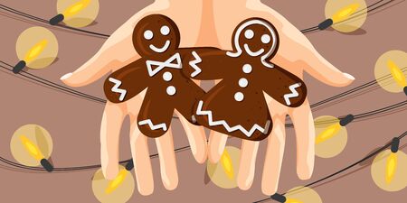 Vector Illustration of Gingerbread Men and Woman in Hands. Christmas Concept Design in Background with Garland in Flat Cartoon Style. Horizontal Template for Invitation, Greeting Card, Flyer, Bannerのイラスト素材