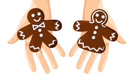 Vector Illustration of Gingerbread Men and Woman in Hands. Christmas Concept Design isolated on White Background in Flat Cartoon Style. Horizontal Template for Invitation, Greeting Card, Flyer, Bannerのイラスト素材