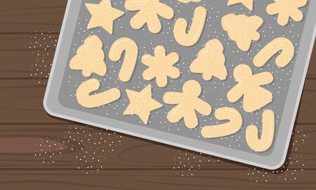 Vector Flat Illustration of Christmas Gingerbread in Oven-tray on Wooden Texture Background. Design with Cookies in Pan usable for Greeting Card, Postcard, Banner, Sign, Advertising. Template,Top Viewのイラスト素材