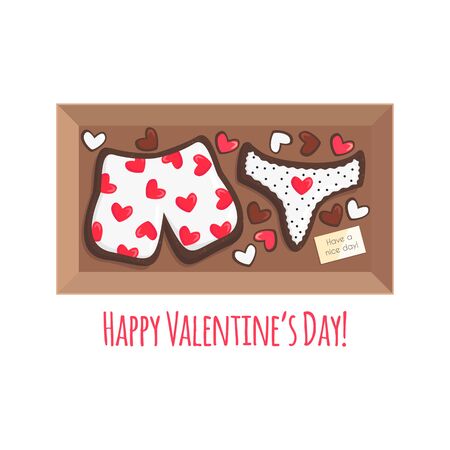 Vector Illustration of Box with Cookies for Couple like Gift for Saint Valentine's Day.Funny Sweet Bakery Products looks like Boxers and Panties.Food Concept usable for Greeting Card, Postcard, Bannerのイラスト素材