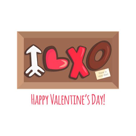 Vector Illustration of Box with Chocolate Cookies for Saint Valentines Day. Brown Shortbread in Shape like Heart, Narrow and Xo in Cartoon Flat Style. Usable for Greeting Card, Flyer, Invitationのイラスト素材