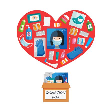 Vector illustration of donation box and heart shape with disposable respirator breathing face masks, gloves, medicine, pill, soap, toilet paper, antibacterial products, sanitizer, wet wipes isolatedのイラスト素材