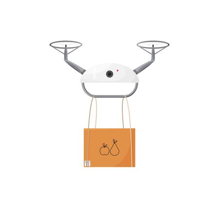 Vector illustration of air delivery in quarantine isolated. White drone delivers cardboard box with food. Flat design of contactless delivery. Non-contact logistic transportation service. Future lifeのイラスト素材