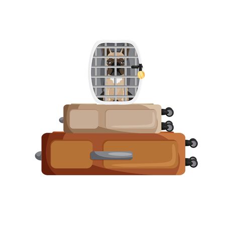 Vector illustration of french bulldog inside cage isolated. Cartoon domestic pet in dog carrying over two suitcases. Flat travel concept with puppy. Summer vacations with animal.  Tourism and holidaysのイラスト素材