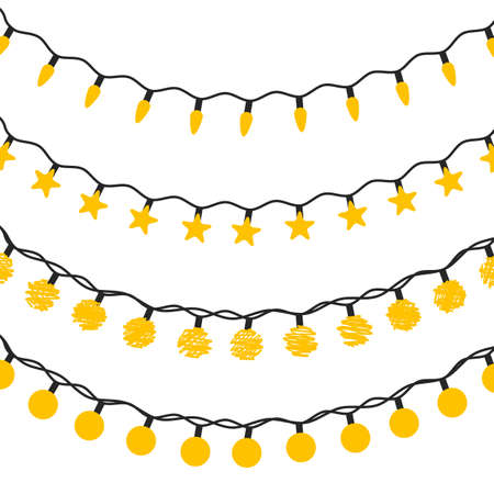 Vector flat set of led christmas lights isolated. Collection of design elements for New Year themes. Garlands kit for winter holidays. Electric equipment in flat style. Star, circle and elipse bulbsのイラスト素材