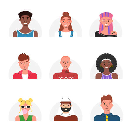 Vector illustration of avatars for online users. Flat set with portraits of multicultural people isolated. Modern cartoon collection of female and male human faces. Icons for social networks accountのイラスト素材
