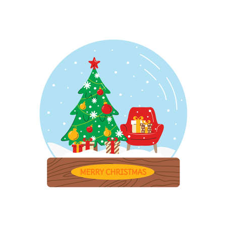Vector illustration of snow globe with christmas tree, armchair and gifts. Glass ball with holiday related interior in flat linear style. Merry and magical winter atmosphere. Design element isolatedのイラスト素材