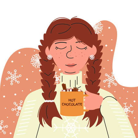 Portrait of adorable girl with freckles and braids holding hot chocolate. Young woman in cozy sweater on abstract background with snowflakes. Winter warm atmosphere.のイラスト素材